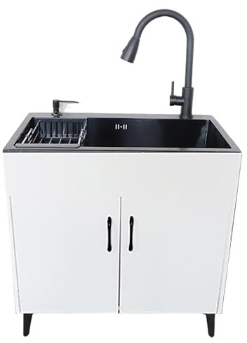 Spülschrank mit Unterschrank,Freistehende Edelstahl Waschbecken küchenspüle Waschbecken Gewerbliche Spülbecken Standwaschbecken Waschtrog,Für Restaurant,Küche,W(Size:50*40CM/19.6*15.7IN,Color:Weiß)