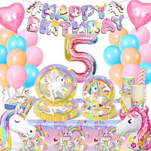 Unicornio decorativo para cumpleaños infantil, 5 años, decoración de cumpleaños para niñas, unicornio, vajilla de fiesta con unicornio, fiesta de cumpleaños, vajilla, globos, vasos, servilletas,