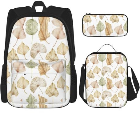 WURTON Juego de mochila ajustable 3 en 1 con estampado de hojas de palmera, lonchera y estuche para lápices, Black, Talla única
