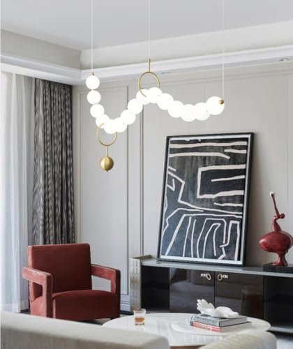 Bellastein Kreative Perlenkette Kronleuchter Dining Pendelleuchte Nordic Wohnzimmer Hängeleuchte Alle Kupfer Pendellampe Restaurant Hängelampe Acryllampe pendellampe weiß (A:140cm 15-Kugeln)
