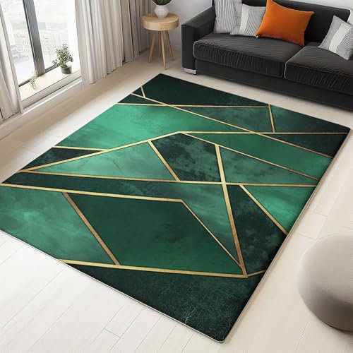 Teppich Gold Grün Supersoft Kurzflor-Teppich 120 x 170 cm Bedruckter für Wohnzimmer Schlafzimmer Jugendzimmer Badezimmer Esszimmer Dekor Waschbar Teppiche Abstrakt Geometrisch Linien