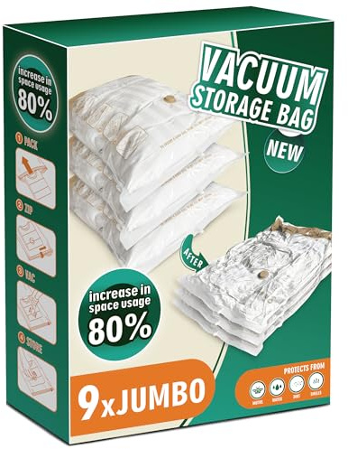 STORAGE MASTER Pack of 9 Jumbo Size Space Saver Bags for Travel and Home Reusable Vacuum Storage Bags Save 80% More Storage Space Work with Vacuum Cleaner (No Pump)