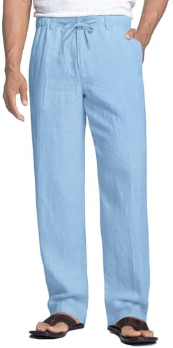 COOFANDY Linnebyxor för män lös passform sommar vardaglig elastisk midja dragsko byxor semester strand linnebyxor med fickor lätta, Himmelsblått, XL