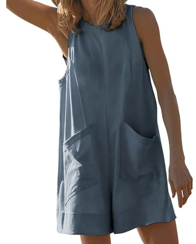 YIzdegg Salopette da donna senza maniche, estiva, in cotone, con tasche, tuta per pantaloni, comoda, morbida, con gamba larga, traspirante, abito da spiaggia vintage, Blu, XXL