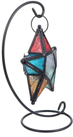 DECOMELODY Marokkanischer Stern kerzenhalter aus Geprägtem Glas Dekorativer Kerzenständer für Stabkerzen und Teelichter Bunte Wohnraum Laterne für Wohnzimmer und Esszimmer Eleganter
