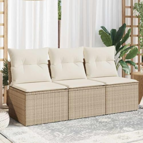 QUAHEAS Gartensofa mit Kissen 3-Sitzer Beige Poly Rattan, wetterfestes Loungesofa für Terrasse, Balkon, Garten, inklusive Stauraum und wasserdichtem Beutel