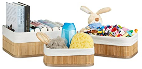 Relaxdays Regalkorb Set Bambus 12,5 x 32 x 22 HxBxT, 3er Set Aufbewahrungsboxen rechteckig für Schrank Schublade, natur