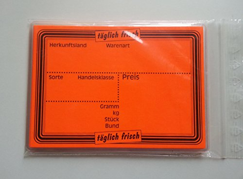 20 laminierte Preisschilder 111 x 154 mm leuchtorange für Obst und Gemüse mit Aufdruck Werbesymbole