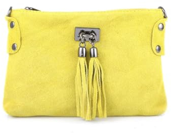 Made in Italy Damen Leder Clutch Tasche Messenger Bag Henkeltasche Wildleder Handtasche Umhängetasche Ledertasche Schultertasche Beuteltasche Fransen Cross-Over Gelb