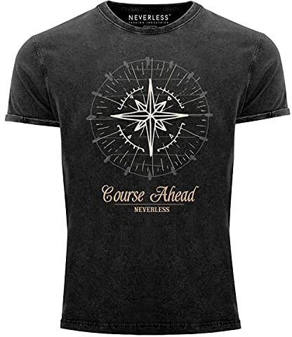 Neverless® T-shirt vintage pour homme avec imprimé boussole des vents - Coupe ajustée, Noir , L