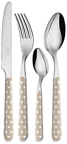 NÉVA | BISTROT Cuoricini Set de 24 Couverts, Couverts en Acier Inoxydable, Passe au Lave-Vaisselle, Décoration Indélébile, Gris Tourterelle