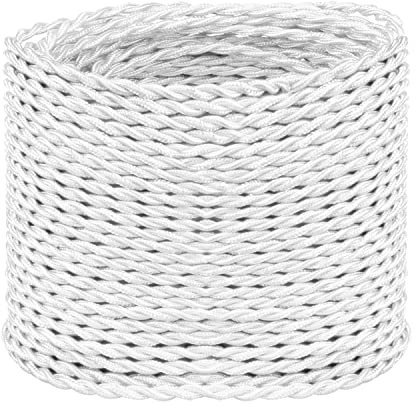 10 Meters / 32.8FT White Braided Cable, Helunsi 3 Core Electrical Cable, Vintage Braided Flex Cable Twisted Fabric Electrical Wire for DIY Industrial Pendant Lights or Other Appliances - White