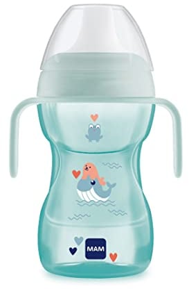MAM Fun to Drink Cup Night avec poignées qui brillent dans le noir et bec rigide, 8 mois, 270 ml, bleu clair