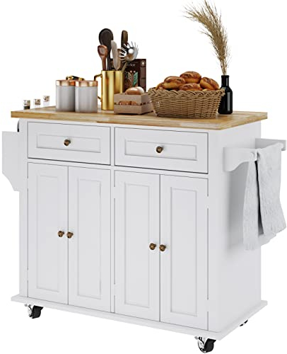 SogesHome - Carro de Cocina con Almacenamiento y aparador con Ruedas, Carrito de Bar con encimera Grande con toallero y Estante para Especias 2 cajones armarios de 2 Puertas, Color Blanco y Arce