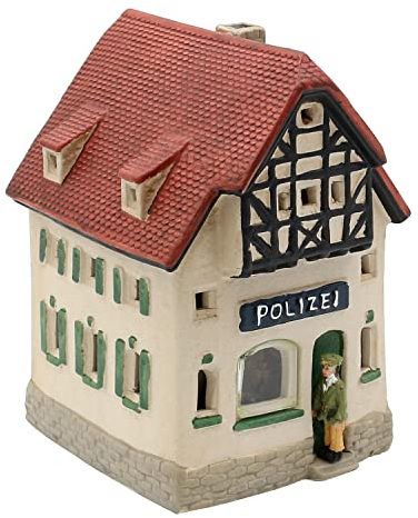 Dekohelden24 Windlicht-Haus aus Porzellan - Polizei - Porzellanhaus Polizeistation mit Gefängnis, L/B/H ca. 14 x 11 x 16 cm