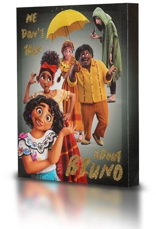 Disney Encanto Leinwand-Wanddekoration mit Glitzer, 28,9 x 35,6 cm, Charaktergruppe We Don't Talk About Bruno, Disney-Film-Poster für Mädchenzimmer, Kunstwerk-Dekorationen für Kinderspielzimmer und
