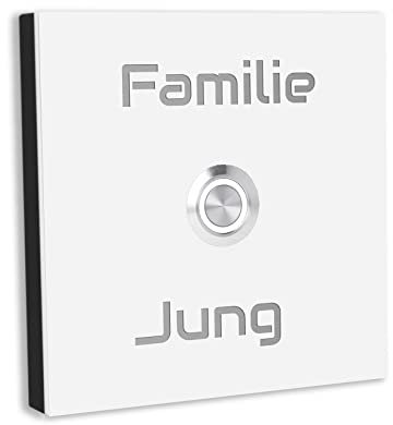 Jung Edelstahl Design Türklingel Bochum - Klingel V2A Edelstahl - incl. Gravur - LED Taster wählbar - Aufputz/Unterputztürklingel (Weiß RAL 9016, 10x10 cm)