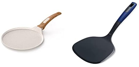 Ekau Essential Crepe Pan 25cm - Ivory,Off-white & Tasty Pancake Turner with Flattened Edges, Extra Large Spatula