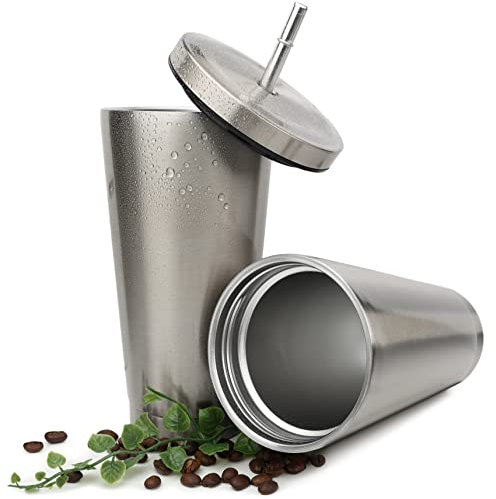 Thermo-Becher mit Strohhalm, 500ml, isolierter Kaffee-Becher, doppelwandiger Edelstahl-Tumbler, auslaufsicher und schadstofffrei