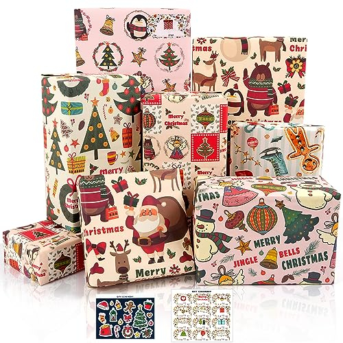 Geschenkpapier Weihnachten Set, 6 Blatt Weihnachtspapier mit Aufklebern, Rosa Kraftpapier Weihnachten Geschenkpapier für Kinder und Erwachsene, 50 x 70 cm