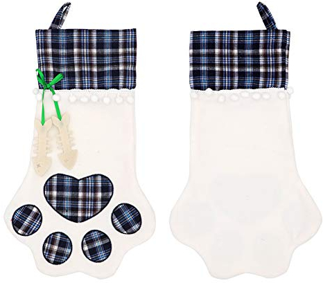 TOPANBIETER 999 Weihnachtsstrumpf blau Tierpfote Weihnachten Kamin Nikolausstrumpf Weihnachtsdekoration Advent Festliche Strümpfe 46x28 cm (blau)