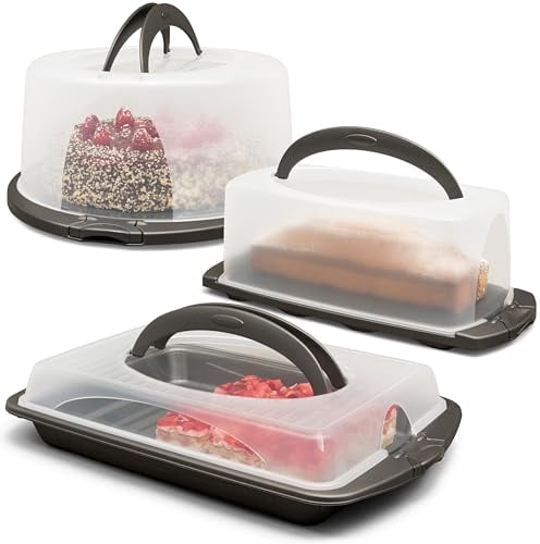 Hausfelder Kuchen Transportbox Set, 3er Set Kuchenbehälter und Transportboxen (Vorteilspack - 1 rund, 1 eckig für Blechkuchen, 1 rechteckig für Kastenkuchen)
