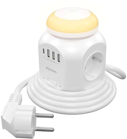 AISENS Regleta de Enchufes Sobremesa Multifuncion con 4 Tomas + 1XUSB-C. 3XUSB-A. Luz Nocturna. 1.8M. Blanco