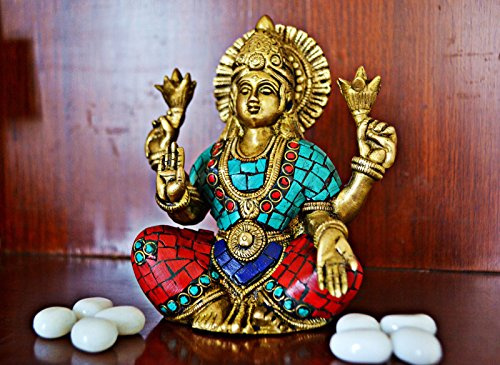 Amilav Collections Lakshmi Statue - Göttin des Reichtums und des Wohlstands, hinduistische Gottheit des Glücks, Messingstatue, Glücksbringer, Geschenk, Hochzeitstag, 1 Stück