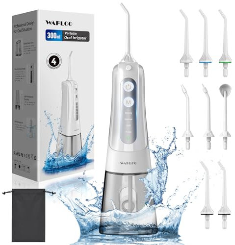WAFLOO Munddusche Kabellos Elektrisch, Tragbarer Water Flosser mit 5 Modi & 4 Jet-Düsen, 300ML Wassertank, IPX7 Wasserdicht, Testsieger 2025 für Implantate, Familien & Reisen