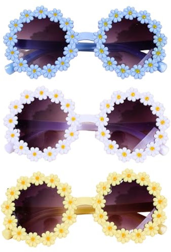 AORHOFJ 3pcs Damen Sonnenbrille,witzige sonnenbrillen,blumen sonnenbrille,sonnenbrille rund,Klassische Daisy Runde Sonnenbrille sonnenbrille kinder , Schön Spiegel Sonnenbrille UV400,Mit Kind geeignet