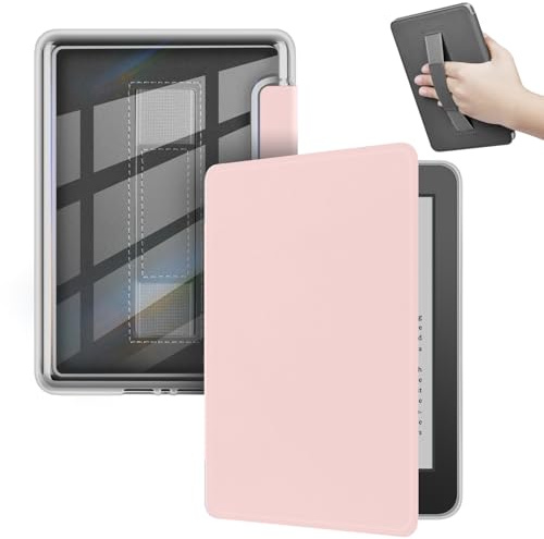 ERUNTO Hülle für 6,8-Zoll Kindle Paperwhite & Signature Edition, Transparenter Acrylrücken, Magnetische Abdeckung mit Handschlaufe, Automatisches Aufwachen/Schlafen(Rosa)