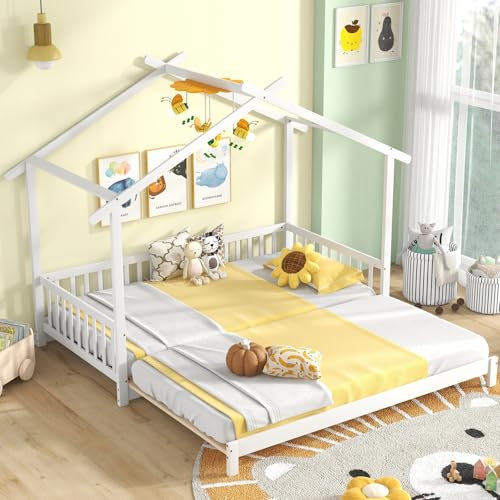 GYMAX Wooden Kids Bed Frame, Single to Double Floor Bed with Safety Guardrails and Roof, Extendable Children House Daybed for Boys Girls, No Box Spring Needed