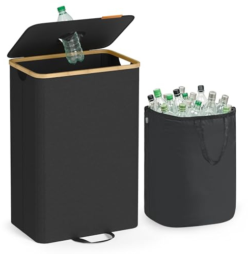 SONGMICS Recycling Bin for Kitchen 26.4 Gallon. Bottle Recycling Container, Collection Bin, for Metal, Plastic, Paper, Glass, Inner Bag with Handles, Kitchen, Ink Black and Natural Beige URRB509B01