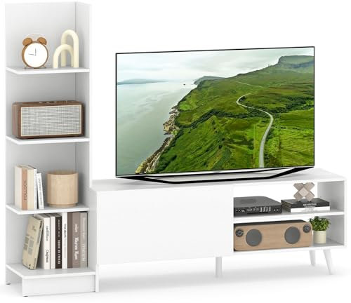 COSTWAY Wohnwand Fernsehtisch für TV bis zu 50 Zoll, TV Schrank mit Bücherregal & verstellbarem Regal, Medienkonsolentisch, moderner TV-Schrank weiß 140 x 31 x 115,5 cm (weiß)