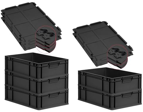 PROREGAL SuperSparSet 5x Eurobox NextGen Grip mit Scharnierdeckel & schwarzen Schiebeschnappverschlüssen, HxBxT 17x40x60cm, 34L, Schwarz, Griffe zu, Eurobehälter, Transportbox, Transportbehälter