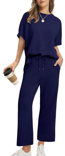 Rayson Tuta Estiva Donna Sportiva con Scollo Rotondo e Ampie Tasche Completo Tuta Donna T-Shirt & Pantaloni Casual per Jogging, Training, Casa, Working(Blu navy,L)