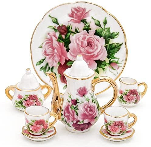 Odoria Miniature 1/6 Service a Thé en Porcelaine 8Pcs Accessoire Maison de Poupée, Rose Rouge