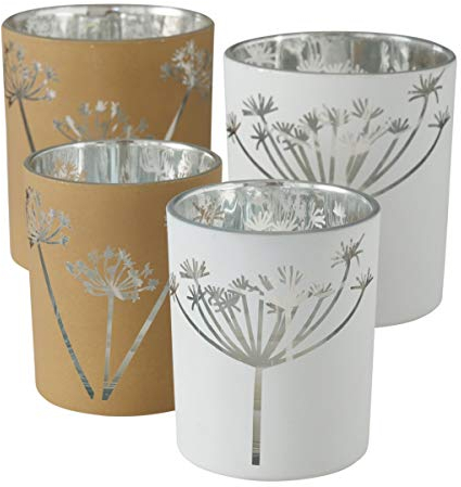 RiloStore 4er Set Windlichter Facia Pusteblume Kerzenhalter Glas Weiss grau Creme beige klar matt Gräser Winter Weihnachten H8cm und H10cm Blumen Pusteblumen Liebe Geschenk