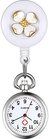 Avaner Krankenschwesteruhr weiße Blume Pflegeruhr FOB Analog Quarzwerk pulsuhr Ansteckuhr Unisex Silver schwesternuhren mit Pin/Clip Set ausziehbar Arzt Doktor Medical Taschenuhr