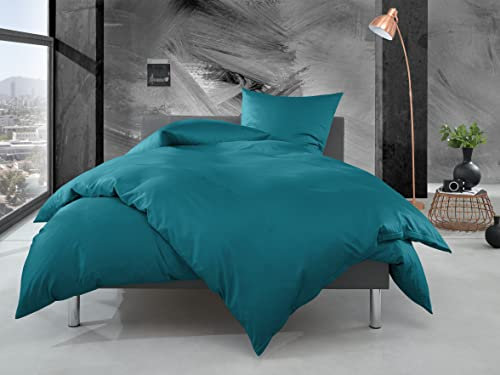 Bettwaesche-mit-Stil Mako Perkal Bettwäsche Uni einfarbig Petrol blau (Garnitur 200x220 + 2X 80x80 cm)