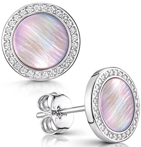 Materia Perlmutt Ohrringe Silber 925 rosa - Damen Ohrstecker rund Zirkonia 9mm SO-394-Rosa Muschel