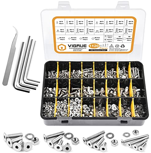 VIGRUE 1120PCS M3 M4 M5 M6 Senkkopfschrauben mit Innensechskant Hex flach-Knopf Schraube Set A2-70Edelstahl Senkkopf Schrauben Muttern und Unterlegscheiben Sortiment mit Schwarz Aufbewahrung Fall Box