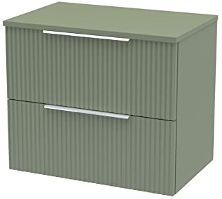 Hudson Reed DFF893W Fluted Modern Bathroom Wall Hung 2 Drawer Vanity Unit with Colour Match Worktop, 600mm, Satin Green