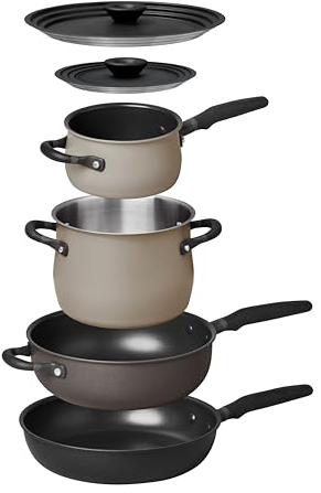 Meyer 6pc Stackable Set with Universal Lids | Hard Anodized Non Stick and Stainless Steel Pots and Pans | Induction Compatible | Dishwasher Safe | Oven Safe | Black & Gray | Accent Series Cookware