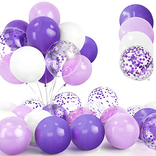 30 Piezas Globos Morados, 12 Pulgadas Lilas Confeti Globos, Latex Helio Blanco Morado Oscuro Globos con Cinta para Cumpleaños Boda Niños Baby Shower Fiesta Decoración