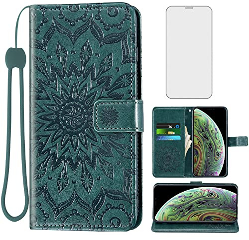 Phone Case for iPhone Xs X 10 10s Wallet Cases with Tempered Glass Screen Protector Leather Flip Cover Card Holder Stand Cell iPhoneX iPhoneXs iPhone10 i PhoneX SX 10x 10xs X's Women Men Dark Green