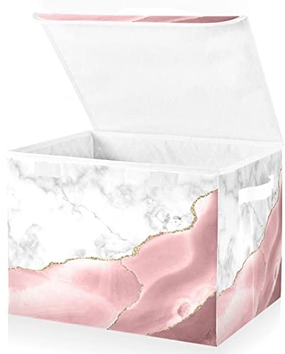 Mnsruu Storage Boxes with Lids, Rose Gold Marble Gilt Large Storage Basket Organizer Shelves Cube Bin Toy Clothes Underbed