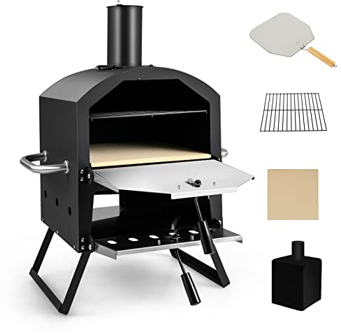 COSTWAY Outdoor Pizza Oven, Wood Fired Pizza Maker with Waterproof Cover, Anti-scalding Handles, Pizza Stone & Pizza Peel, 2 Pizzas Outside Pizza Cooker for Camping Picnic