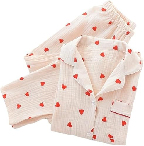 Revers Pyjama Set Für Damen, Pfirsich Herzmuster, schlafanzug damen baumwolle, Lässige Baumwolle, Langärmelig, Oberteile, Hosen, Weiche Nachtwäsche, Loungewear, Frühling, Herbst Und Winter, Gelb, S