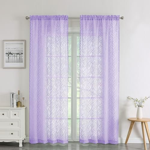 Chyhomenyc - Marilyn – Lot de 2 voilages aérés filtrant la lumière, en jacquard, pour porte-fenêtre et fenêtre de chambre, salon, 96,5 x 182,9 cm (l x L), motif feuillage 3D, violet clair